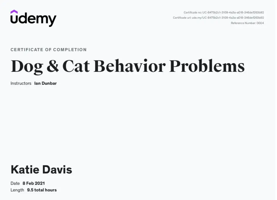 Certificate on cat and dog behavioural problems